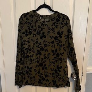 Amazon Olive Green Long Sleeve Top with Black Velvet Floral Print